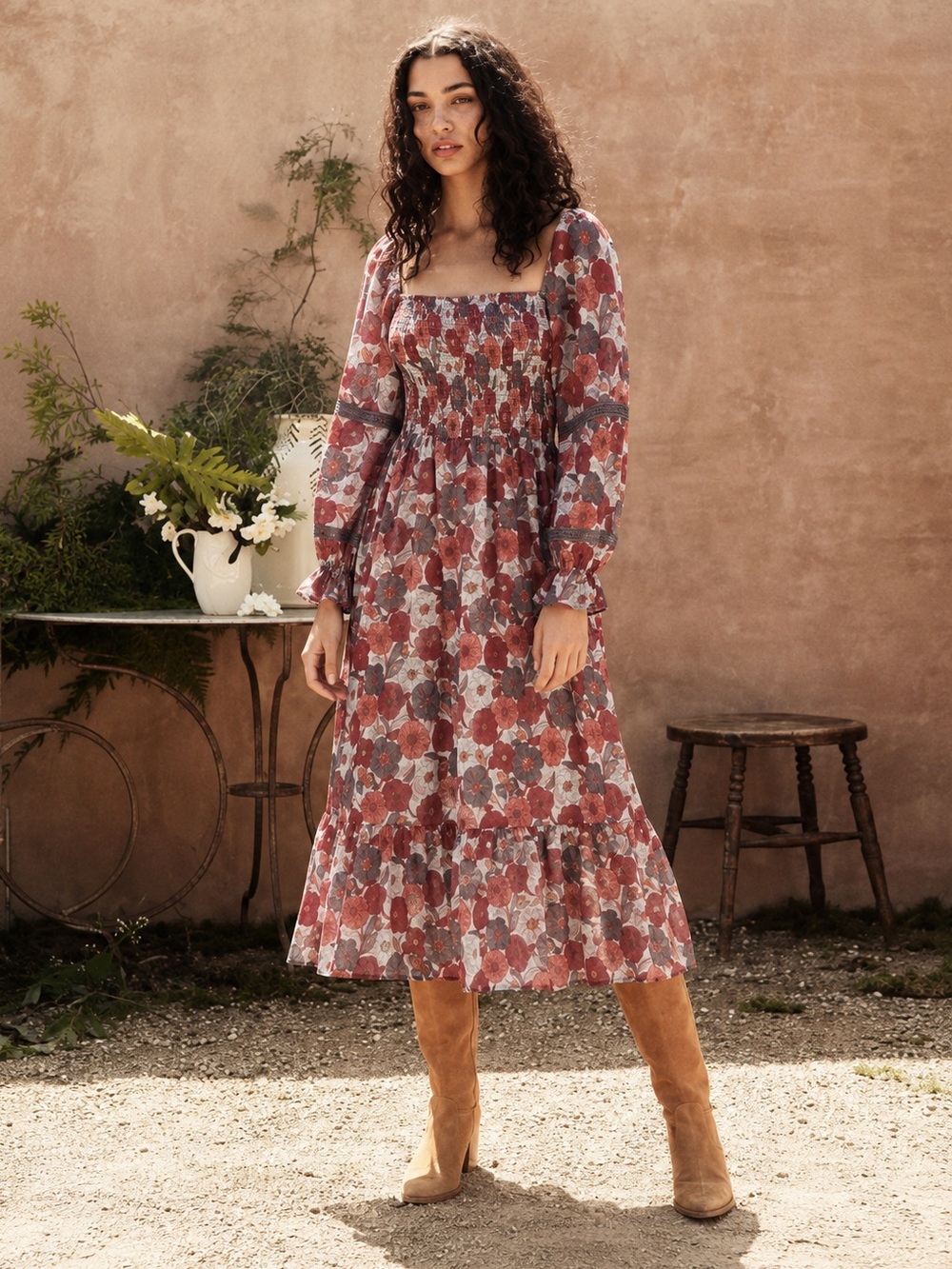 Aritzia Wilfred Grace Smocked Midi Dress Floral Sienna Red S Cottagecore Fall